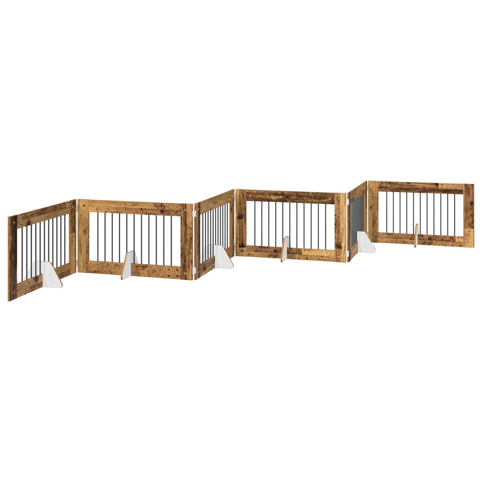Puerta para perros con soporte, 6 piezas, madera recuperada, plegable y plegable, 100 x 60 cm, caseta modular para perros para interior y exterior, protección segura para cachorros y perros