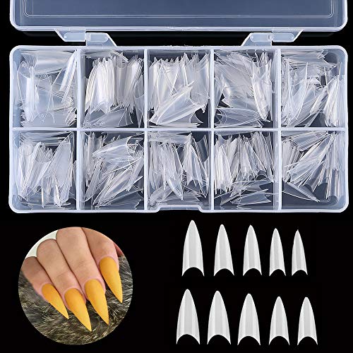 AORAEM Nail Tips Natural Nail shape Tips Full Long Cover Sharp Nail of 10 Sizes for Nail Art Salons and Home DIY (Stiletto-Natural)