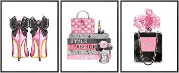 Glam Designer Perfume, Shoes, Handbags Wall Decor - Gift for Fashionista - High Fashion Luxury Couture Wall Art Poster Set for Women, Teens, Girls Bedroom