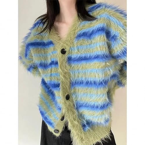 V-Neck Striped Cardigan Sweater Green Women Knitted Coat Imitation Velvet Thickened Warm Relaxed Casual Sweet4