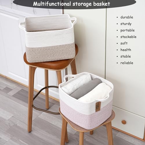 COMFY-HOMI Cotton Rope Woven Basket with Handles for Shelves,Toys,Book, Cloth Storage Baskets for Organizing-13.5" x 11" x 9.5" Toy Decorative Organizer for Living Room, Bathroom (White/Brown) - Image 5
