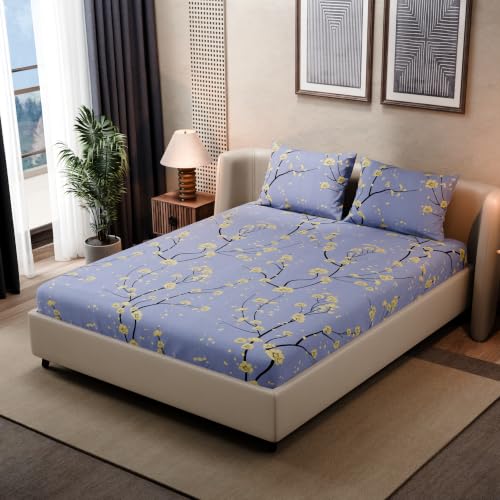 Image of BLISSHOME SoftTouch 140TC Cotton King Size Fitted Bedsheet with 2 Pillow Covers, Silky Smooth Bedding Set, Breathable, Easy Maintain, Floral Print - Lavender, Yellow (182cm x 198cm x 25cm Drop)