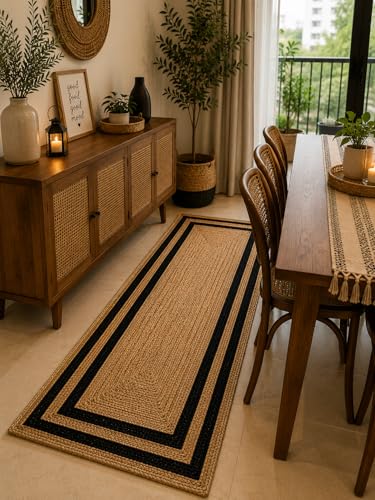 Image of Handmade Natural Jute Runner Rug for Hallway Living Room Kitchen Bedroom Floor Carpet (Beige + Black Design, 2x5)