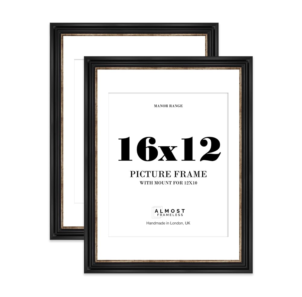 16x12 Black and Gold Picture Frame - 16x12 Frame with 12x10 Mount for 16x12/12x10 Pictures Art Deco Style Ideal for Home Gallery Display, 2 Pack
