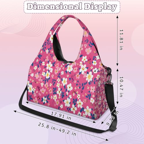 Yoga Bag for Women，Waterproof Polyester Gym Bag Detachable Strap,Shoe Pocket，Double Zipper,Pink Flower Flowers Duffel Bags2