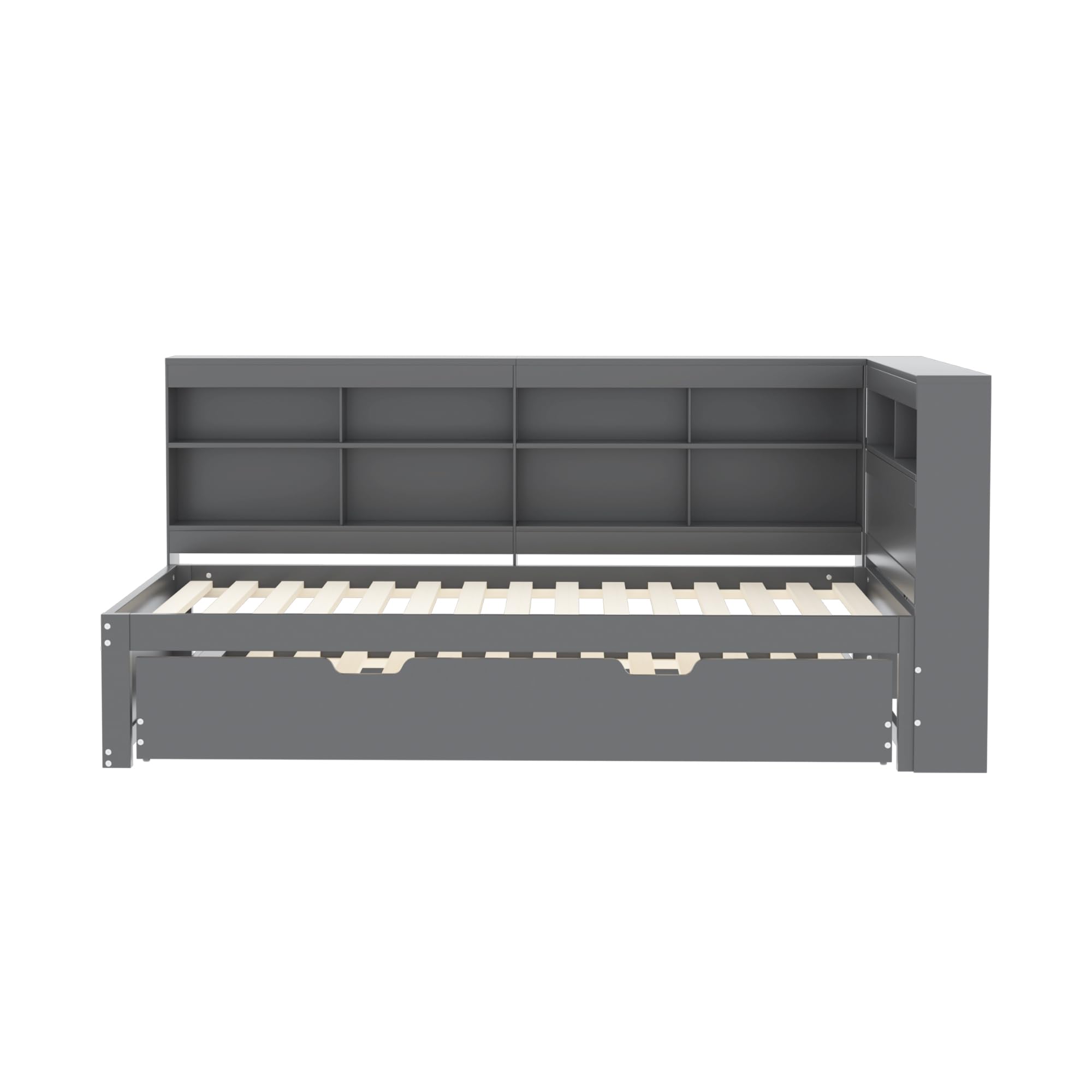 MYBOO Tagesbett Schlafsofa 90x200 cm, Holz Multifunktionsbett mit Ausziehbarem Bett 90x190 cm, USB-Steckdose und Mehreren Ablagefächern, Einzelbett Massivholzbett mit Lattenrost, Ohne Matratze, Grau