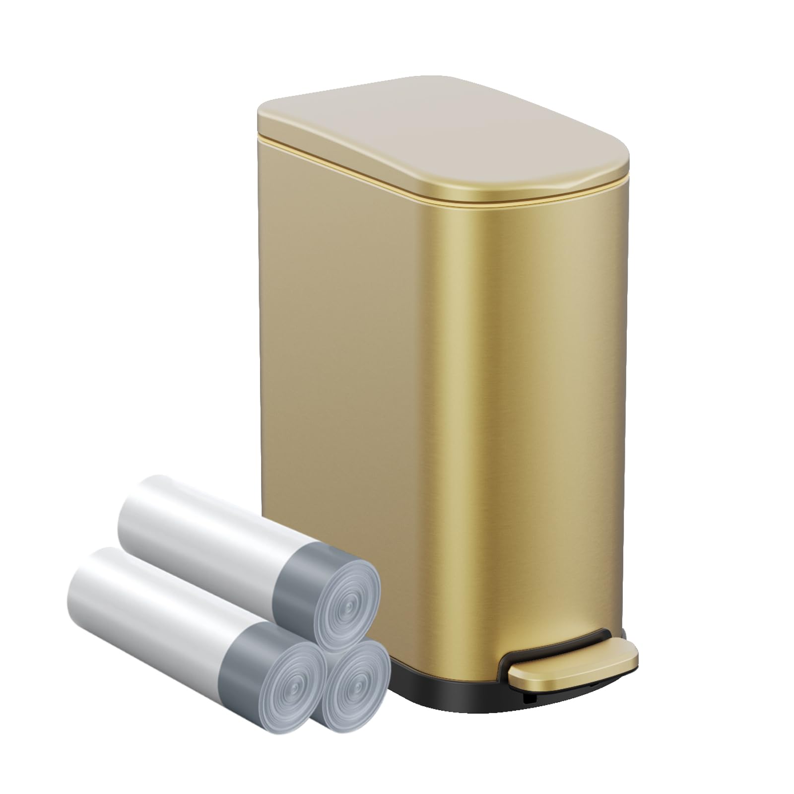 KSSKSS 2.6 Gallon Slim Bathroom Trash Can with Soft Close Foot Pedal, 10L Stainless Steel Garbage Can with Removable Liner Bucket, for Narrow Spaces, Bedroom, Gold