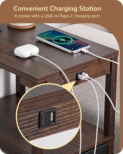 Image of EDISHINE Floor Lamp with Table Dimmable USB Type-C Ports, Fire-Burned Wood | 3000K-6500K, 2-in-1 Solution, Linen Lampshade, 2 Drawer, Modern for Living Room, Bedroom, Den, Office