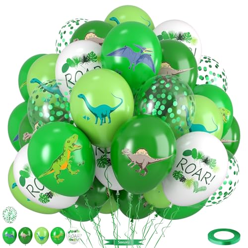 Dinosaur Balloons 12 Inch Fruit Lime Dark Green White Confetti Balloons with Dinosaur Printed Pattern for Boys Jungle Theme Birthday Party Safari Woodland Baby Shower Decorations