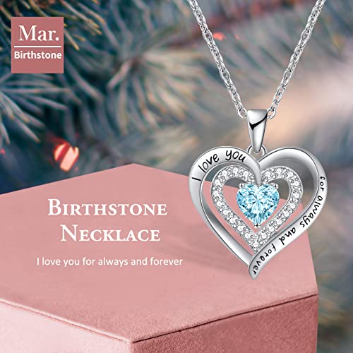 Redbee 925 Sterling Silver Birthstone Heart Necklace For Women's Gifts From Husband Necklace Gift For Wife Aquamarine Birthstone Necklace For Her (Silver- Mar-Aquamarine #TOP2