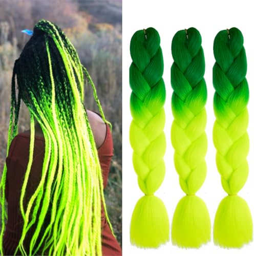 Braiding Hair Ombre Green to Yellow Green Braid Hair Extensions Hot Water Setting High Temperature Synthetic Fiber 24 Inches(B43-3Pack)