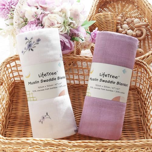 Image of LifeTree Baby Swaddle Blankets, Boys Girls Muslin Swaddling Wrap Receiving Blanket for Newborn, 70% Viscose from Bamboo and 30% Cotton, Large 47 inch x 47 inch, Flower and Mauve Pattern