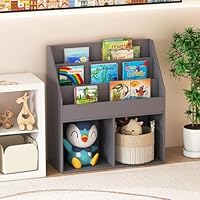 Costzon Kids Bookshelf, Wooden Toy Storage Cabinet Organizer w/Shelves, 2 Large Cubes & Anti-Tipping Devices, Children Bookcase Display Sling Book Rack for Kids Room, Nursery, Kindergarten (Gray)