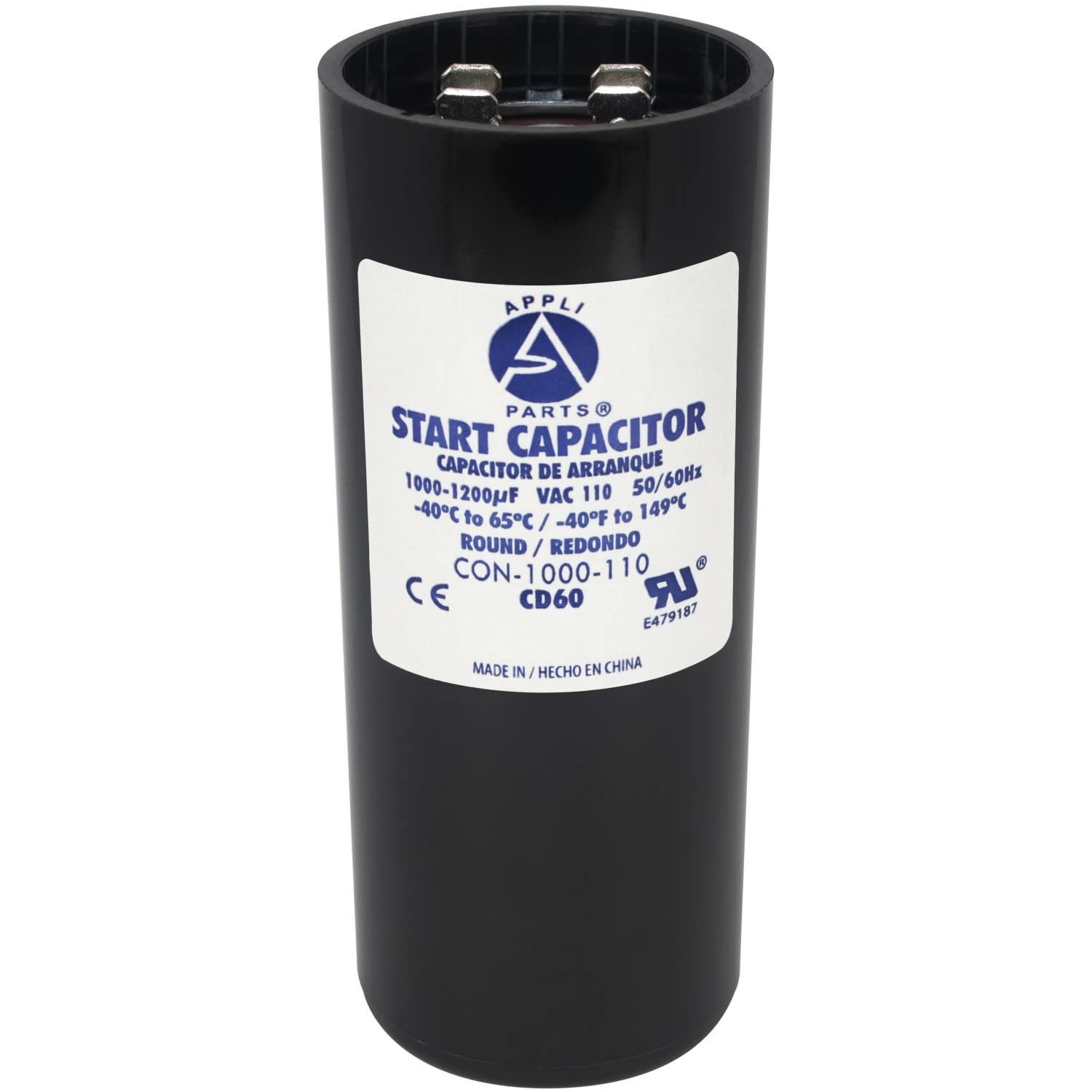 Appli Parts Motor Start Capacitor 1000-1200 Mfd (microfarads) uF 110-125 VAC Universal fit for Electric Motor Applications 1-3/4 in Diameter 4-3/8 in Height CON-1000-110