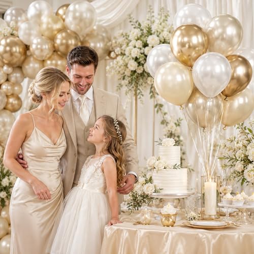 Image of Champagne Gold White Balloons, 50Pcs 12 Inch Double Stuffed Latex | Beige Cream Sand Pearl Balloons for Boho Bridal Wedding Anniversary Birthday Bachelorette Engagement Baby Shower Decor