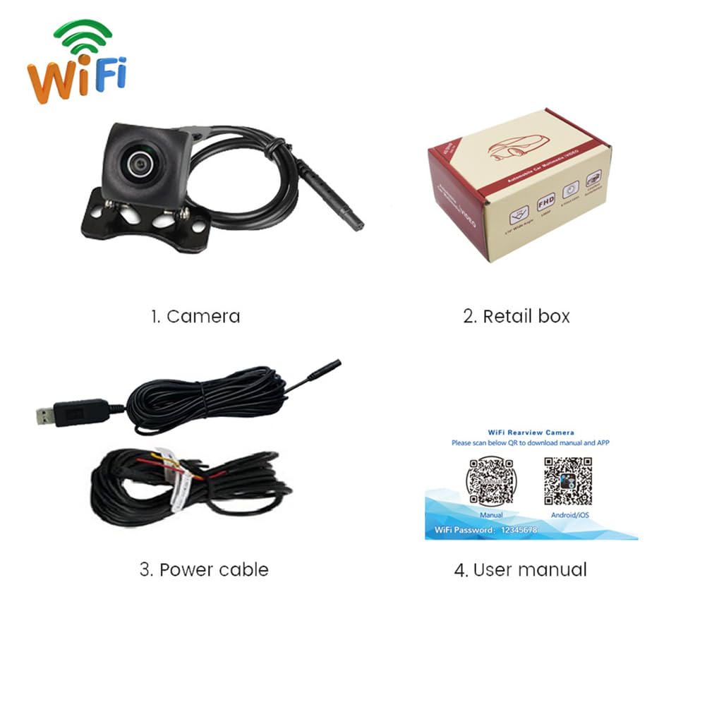 Telecamera retromarcia Wi-Fi, Telecamera retromarcia Moto USB 5V Tachigrafo per Visione Notturna HD IP67 Impermeabile Compatibile con Android iOS per Auto Camion RV Van