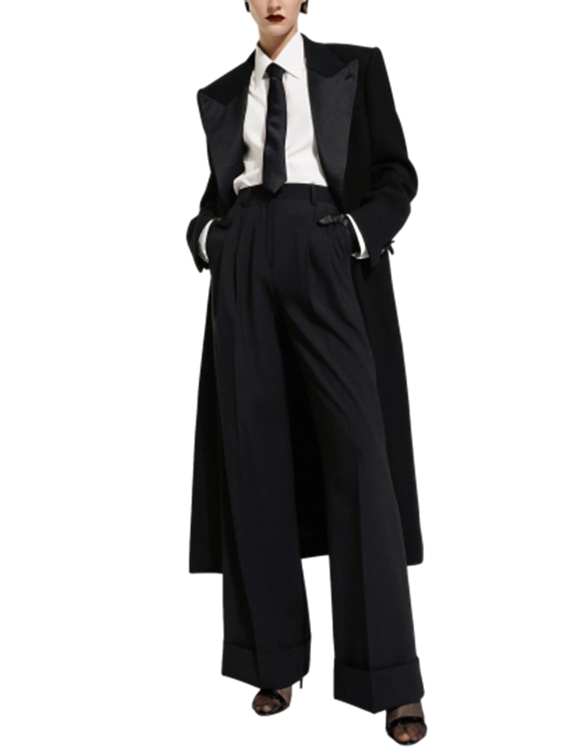 Womens 2 Pieces Suit One Button Tuxedos Set Casual Loose Long Jacket and Pants with Pockets
