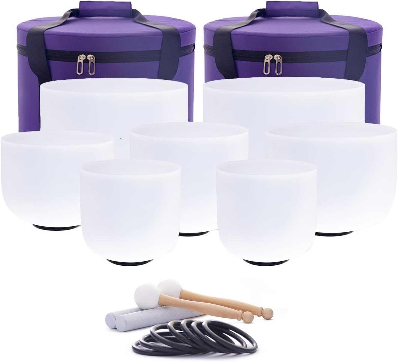 Hye-eun Crystal Singing Bowl Set of 7,7"-12" Frosted Quartz Meditation Chakra Sound Bowls with 2 Pcs Carrying Cases for Yoga Sound Healing