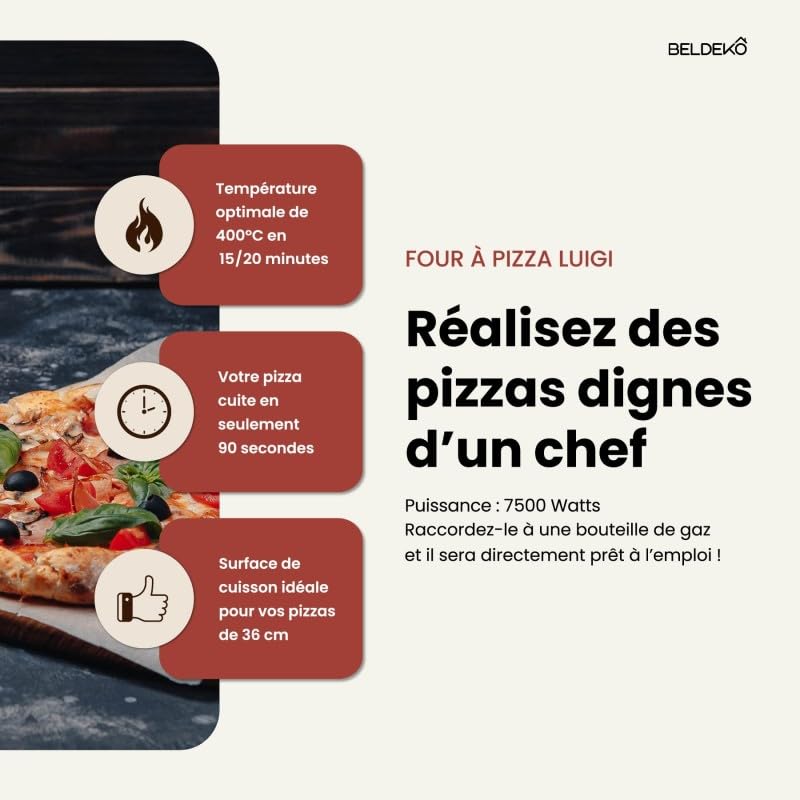 BELDEKO Four à Pizza Gaz LUIGI XL 7500W Pierre Tournante - Marque Française