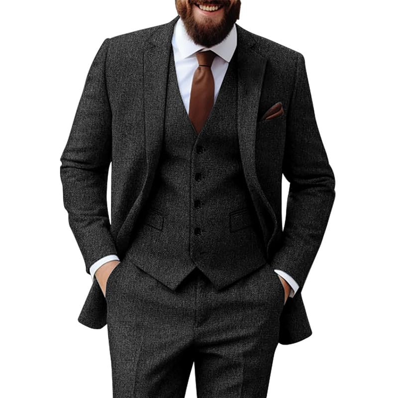 Men Retro Tweed Suit Set 3 Piece Slim Fit Groom Tuxedos Set Prom Notch Lapel Jacket Vest Pants Set2