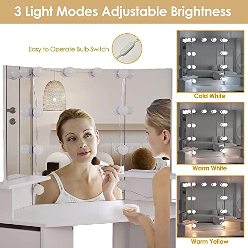 Corner Vanity Desk With Lighted Mirror,42 Inch Makeup Vanity Table With Lights,4 Drawer Makeup Dressing Table With 3-Fold Mirror,3 Lighting Colors,White #TOP2