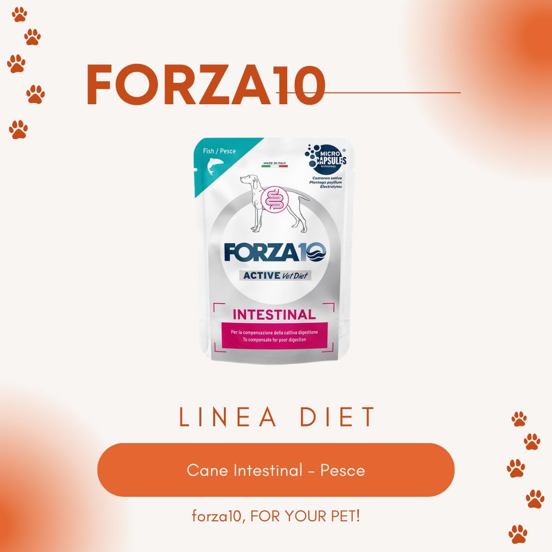 FORZA 10 Cane Intestinal - Pesce | alimento umido dietetico completo per cani adulti, per la riduzione dei disturbi dell’assorbimento intestinale, 12 bustine da 100 grammi.