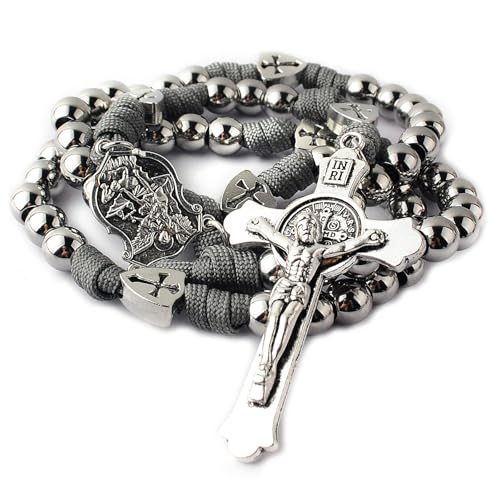 HanlinCC Large and Heavy Stainless Steel Beads Rugged Durable Paracord Rosary Necklace for Men with St.Michael Center Piece and St.Benedict Crucifix (Grey Paracord Rosary)