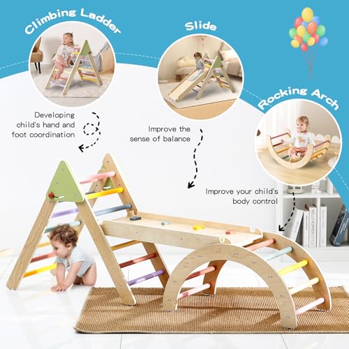 Image of Foldable Pikler Triangle Climbing Set Wooden 7 in 1 Montessori Climber Toys for Toddlers 1-3 Baby Jungle Gym Indoor Slide Playground with Ramp / Arch / Ladder Large Kids Activity Center Boy & Girl Gift