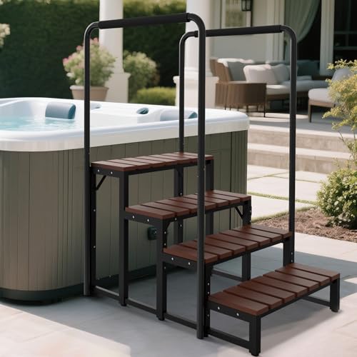 Neorexon Hot tub Step Stairs with Dual-handrails, 4 Steps Hot Tub Stairs w/Leveling Foot, Detachable U-Shape Hot Tub Railing to Get in and Out, 500LBS Capacity Spa Steps for Indoor & Outdoor