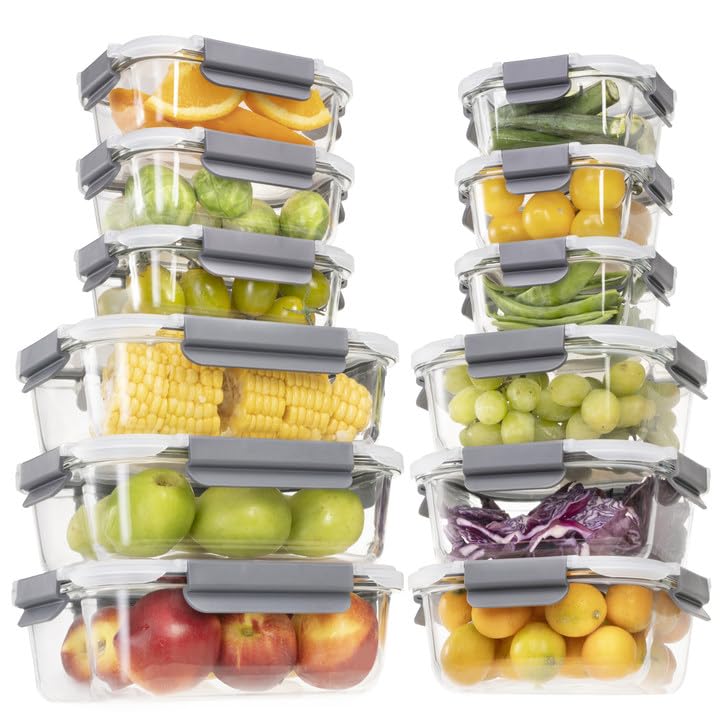 GENICOOKSet of 24 Glass Food Storage Containers with Lids, Glass Storage Jars Set for Food, Glass Meal Prep Boxes, Glass Storage Containers, Airtight Glass Food Containers for Kitchen