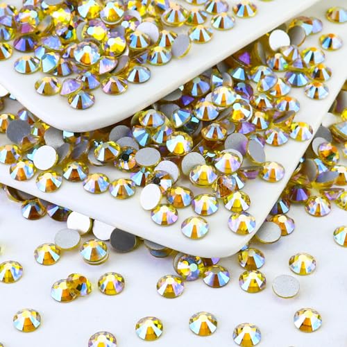 Image of 1440PCS SS6 Crystal Glass Flatback Rhinestones, Round Flat Back Crystal Gems for Nail Art and Craft Clothes, Glue Fix Diamond Stones Citrine /Lemon Yellow AB (1.9-2.0mm)