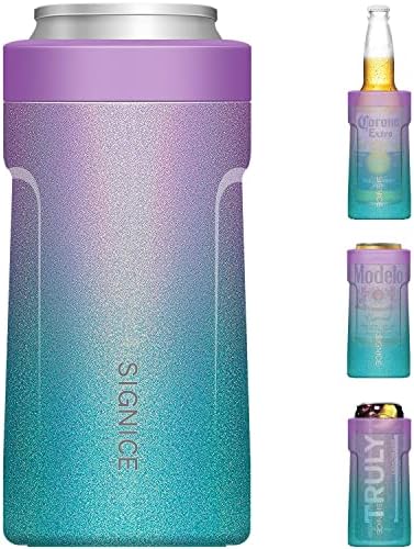 3-IN-1 Insulated Can Cooler - Signice Double Walled Vacuum Insulator Stainless Steel Slim Can Cooler for 12 Oz Skinny Tall Can/Standard Regular Can/Beer Bottle (Glitter Purple Blue)