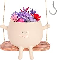 YGG MHYOO Smiley Face Swing Hanging Planter - Resin Flower Pot with Drainage for Succulents, Indoor Outdoor Decor & Gifts