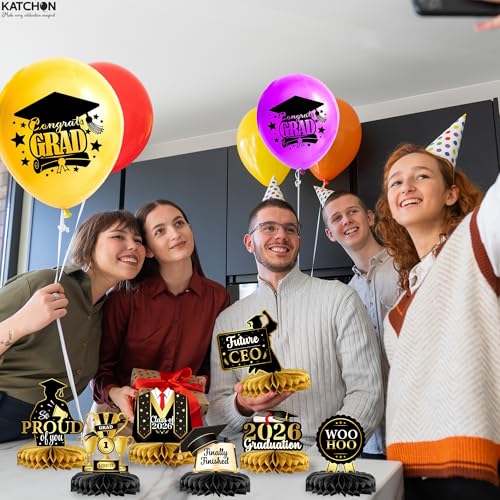 Image of Graduation Decorations 2026 | Black and Gold Graduation Centerpieces For Tables 2026 - Pack of 12 | Congrats Grad Honeycomb Centerpieces | Graduation Centerpieces 2026 | KatchOn