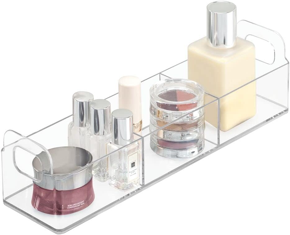 mDesign Small Plastic Bathroom Vanity, Cabinet, Countertop Organizer Storage Station Makeup Holder - Holds Eyeshadow Palettes, Nail Polish, Cotton Swabs, Vitamins, First Aid - 12" Long - Clear