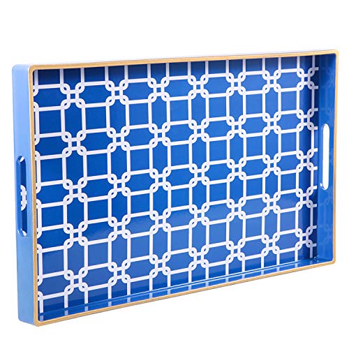 Bandeja decorativa, Bandeja rectangular de plástico con asas, Bandeja moderna para tocador y Bandeja de servicio para baño, cocina, otomana y mesa de centro, 15.6'x 10.2', azul