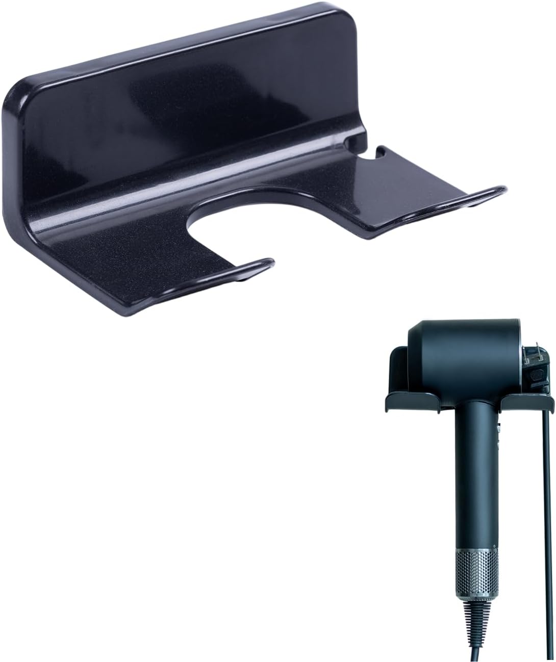 Universal Hair Dryer Holder, Blow Dryer Hanger with Plug and Cord Storage, Hair Tool Organizer Wall Mounted for Bedroom or Bathroom, Fit for All Hair Dryers (Black)