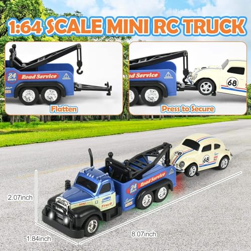 Image of Bestie toys Remote Control Small Car, 1:64 Scale Off-Road RC Car, USB Rechargeable 2.4GHZ Three Speed Indoor Alloy Vehicle for Kids (Tow Truck with Car)