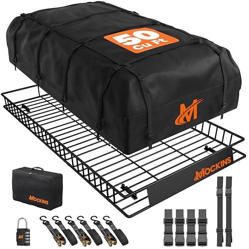 Mockins XXL 90"x50"x6" Heavy Duty Roof Rack Cargo Carrier w/ 50 CuFt Waterproof Rooftop Cargo Bag for Top of Car | All-Weather 250 Lbs Cap Car Top Carrier Roof Basket for SUV RV Van w/Accessories