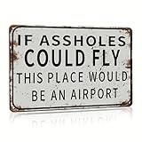 Humorous Vintage Metal Sign - Funny Man Cave Decor, Garage Home Bar Accessories, Unique Conversation Starter - 12' X 8' If Assholes Could Fly This Place Would Be An Airport