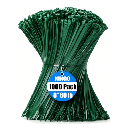 Image of XINGO 1000 PCS Garden Green Zip Ties 8 Inch, 60 LBS Tensile Strength, Self-Locking Nylon Plastic Nylon PA66 Wire Ties for Indoor and Outdoor Use