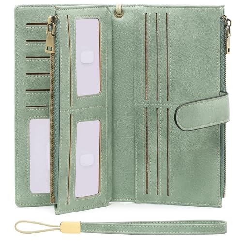 Image of GOIACII Wallet for Women Large Wristlet Purse Trifold Clutch Green | RFID Blocking, Multi-card Slots, Detachable Wrist Strap, Trifold Clutch Purse