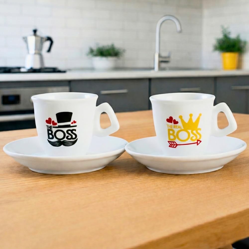 BrandPrint Set 2 Tazzine Caffè con Piattino - Serigrafia Artigianale THE BOSS, THE REAL BOSS in Box Elegante - 100% Made in Italy - Regalo Coppia San Valentino, Anniversario, Casa Nuova, Matrimonio