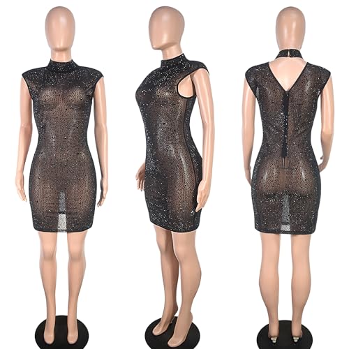 Image of Jigfar Women's Sexy Rhinestone Sheer Mesh See Through Bodycon Dress Birthday Party Club Night Outfits
