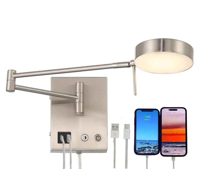 HomeFocus Swing Arm Wall Light,Bedside LED Reading Wall Light with USB Charging,Multi-Function Wall Lamp,Bedside Dimmable Wall Sconces,Adjustable LED Color and Brightness,Metal,Satin Nickel.