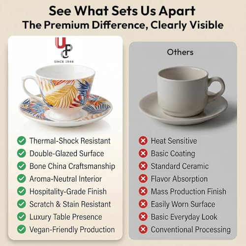 Image of UPC Premium Bone China Cup & Saucer Set (6 Pieces) | Elegant Solid Color Tea Coffee Cups | Lightweight, Durable & Glossy Finish | Ideal for Home, Office & Gifting