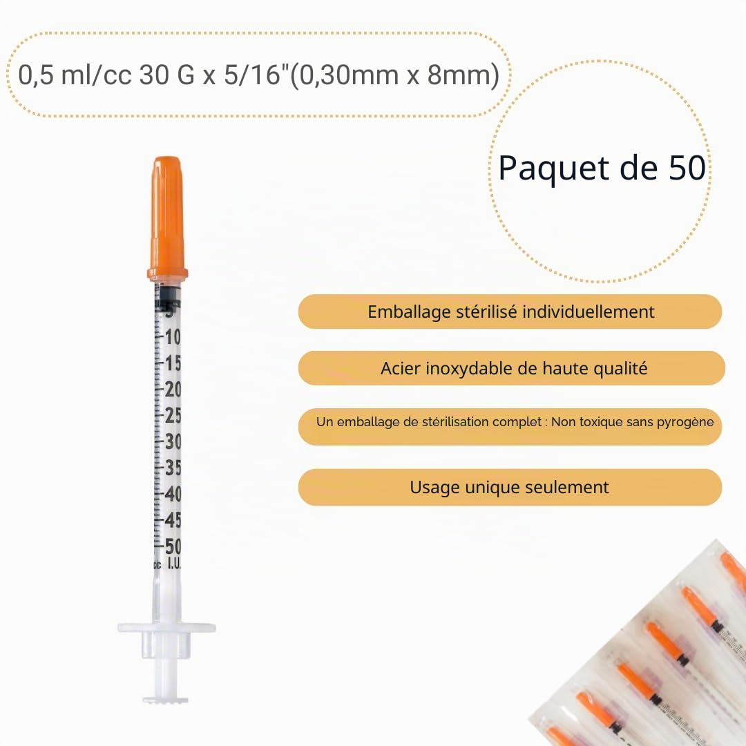 Lot de 50 tubes en plastique de 0,5 ml/cc 30 g (0,3 x 8 mm), outils de mesure polyvalents, emballés individuellement (30 g x 5/16")