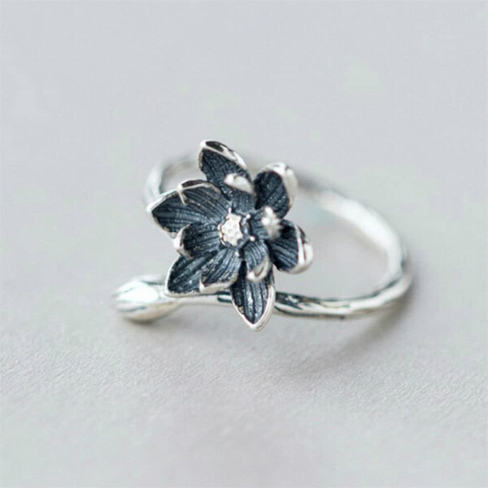HGJH Ring Aus 925Er Sterlingsilber, S925 Sterling Silber Lotus Ring Verstellbare Ringe Retro Offener Ring Silber Daumenring Ewigkeitsring Hochzeitscharme Schmuck Geschenke Für Männer Mädchen Damen