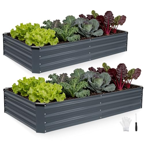INNO STAGE Galvanized Raised Garden Bed Kits, 6x3x1ft Metal Raised Garden Beds Outdoor, Steel Raised Planter Bed with Gloves for Vegetables & Flowers Patio Ground Planter Box(Grey, 2PCS)