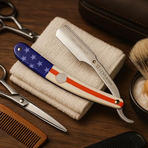 Image of Gentleman Flag Printed Barber -Shaving Razor for Men's Styling and Grooming - Straight Shaping Blade for Beard, Face, and Hair - Single-Edge Stainless Steel Cut Throat - Perfect for Saloon Use